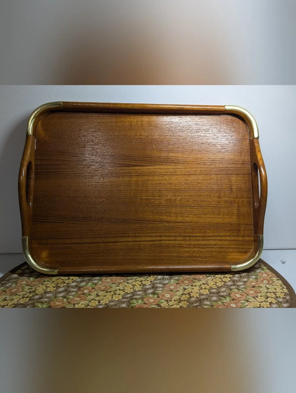 Vintage Teakwood Serving Tray with Brass Corners – Large MCM